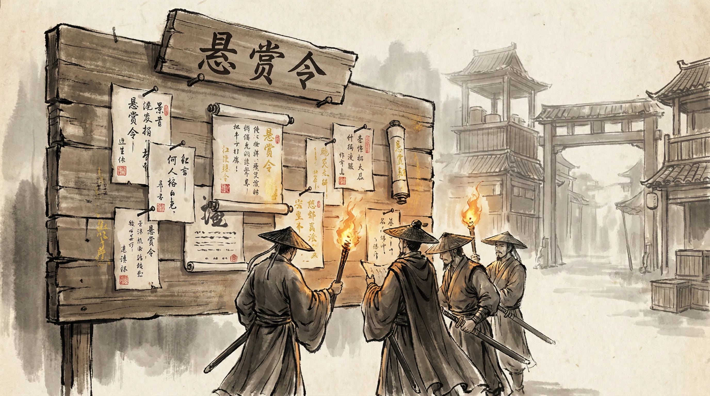 古代悬赏令告示板，多位侠客围观任务