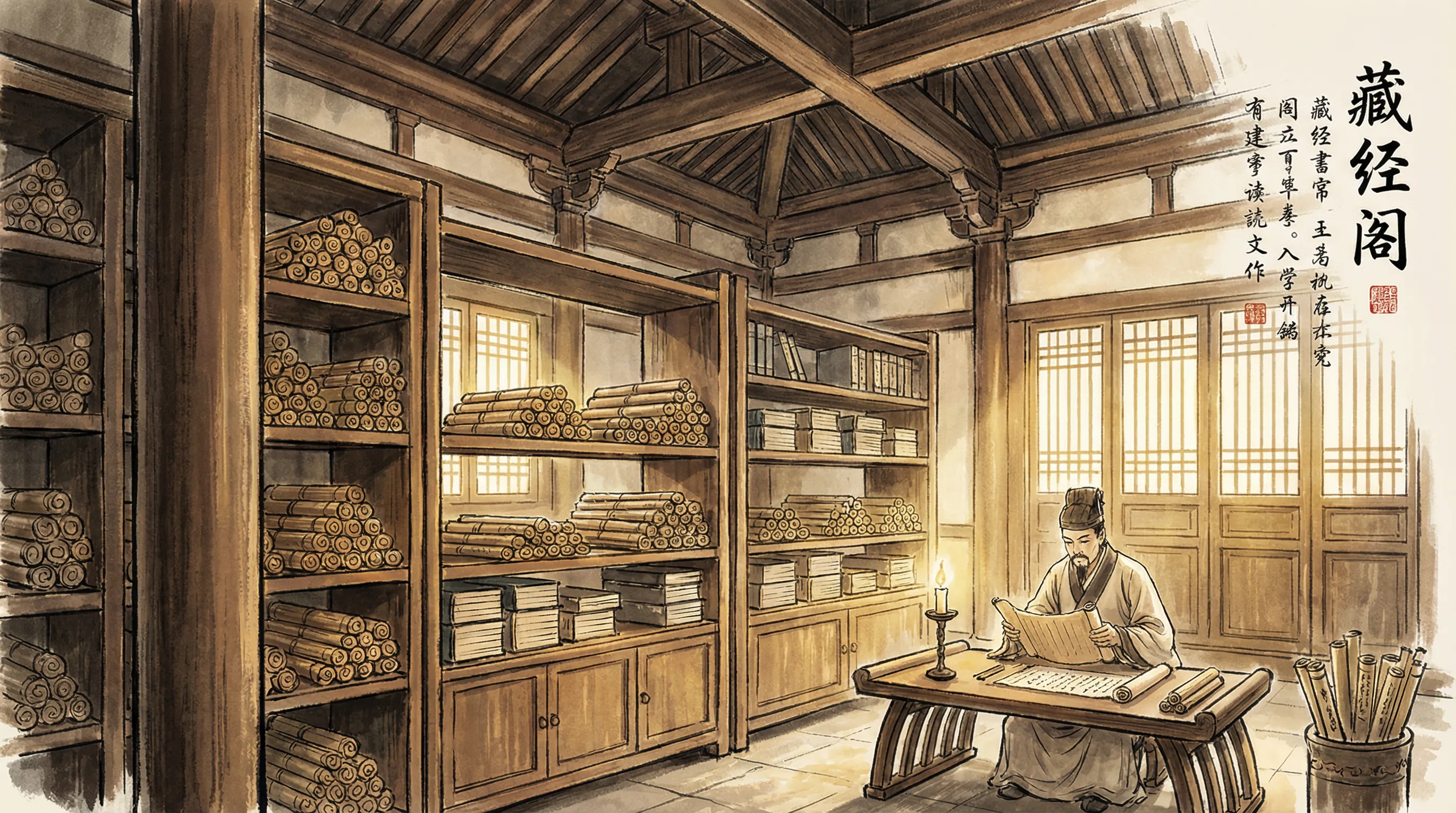 藏经阁内部，书架上摆满竹简和武林秘籍